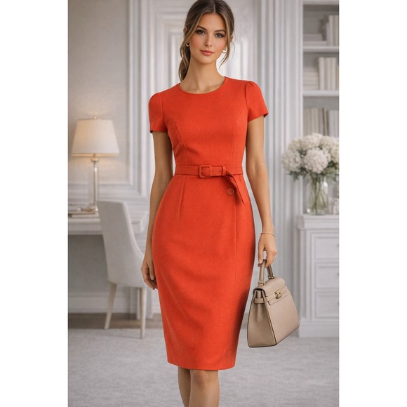 Ann Taylor Dresses & Skirts - NWT Ann Taylor Knit Dress Women Sz 6 Petite Orange Belt Knee Length Office Work